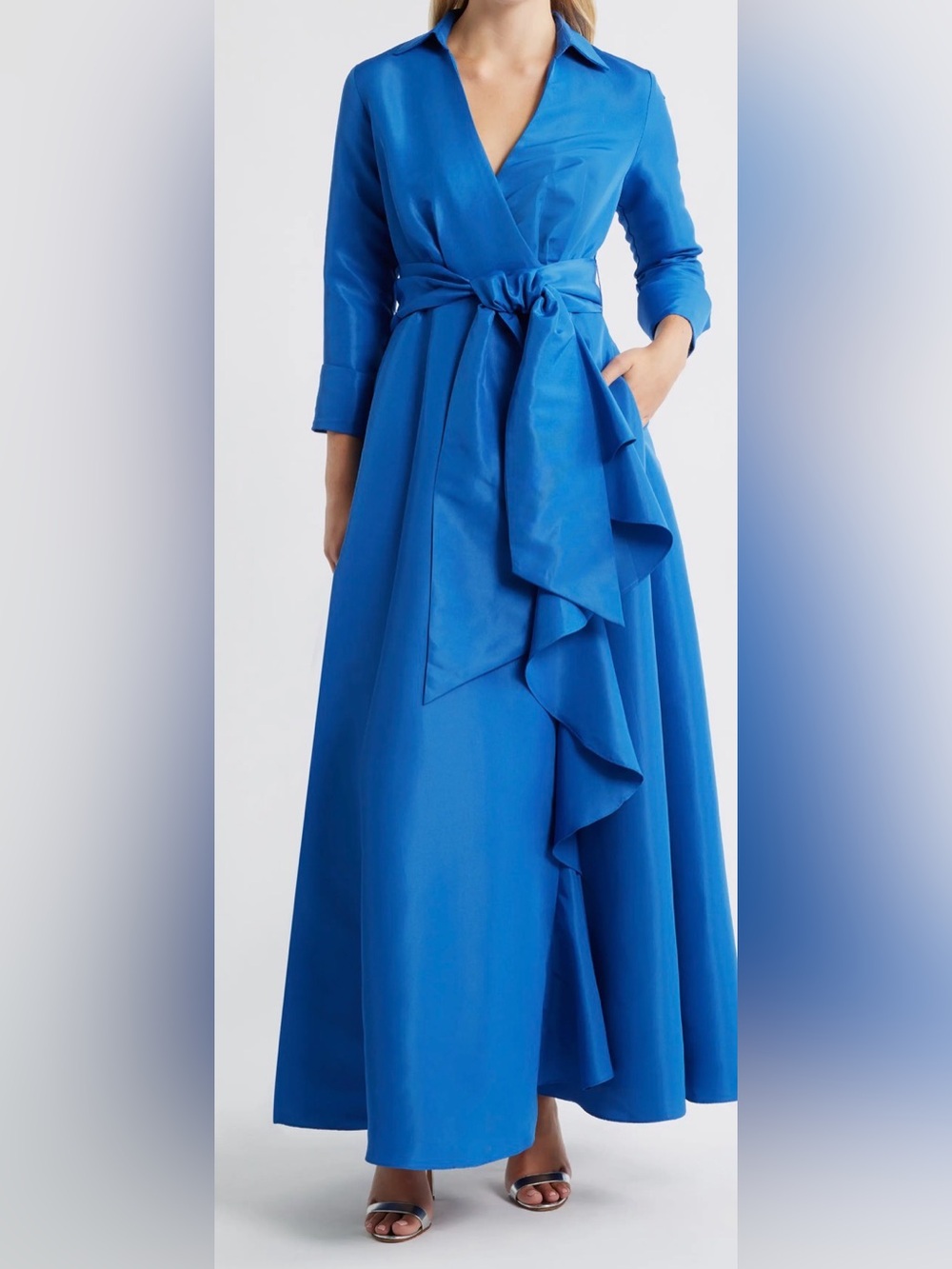Betsy & Adam Taffeta Long Ruffle Wrap Gown Blue Formal Dress Size 12. NWT.